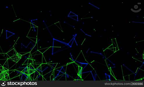 Blue and green digital data and network connection triangle lines and spheres in futuristic technology concept on black background, 3d abstract illustration