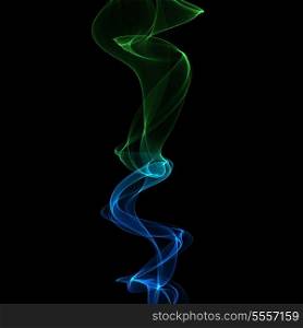 Blue and green smoke on black. Abstract chaotic lines. Fantasy curves