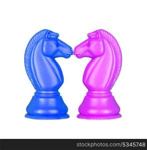 Blue and pink knights face to face. Symmetrical pieces of chess