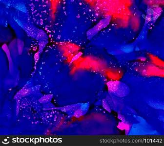 Blue and pink paint uneven merging with texture.Colorful background hand drawn with bright inks and watercolor paints. Color splashes and splatters create uneven artistic modern design.
