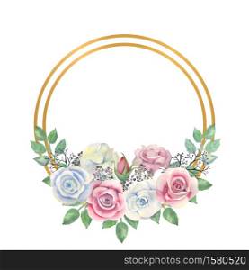 Blue and pink roses flowers, green leaves, berries in a gold round frame. Wedding concept with flowers. Watercolor compositions for the decoration of greeting cards or invitations.. Blue and pink roses flowers, green leaves, berries in a gold round frame. Watercolor illustration
