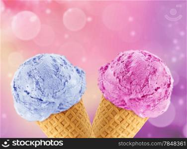 Blue and Pinkberry Ice cream in the cone with abstract light background.. Ice Cream cone