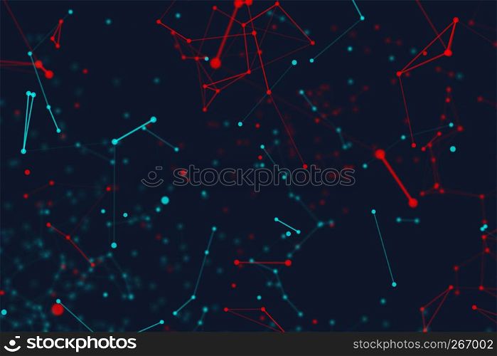 Blue and red digital data and network connection triangle lines and spheres in futuristic technology concept on black background, 3d abstract illustration