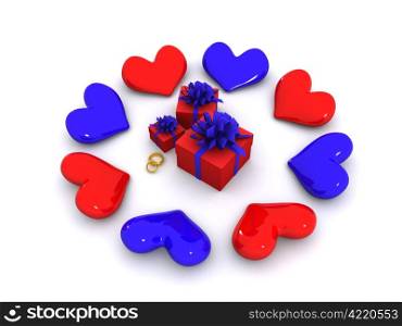 blue and red hearts around gifts. 3d