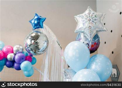 Blue and silver balloons in the children&rsquo;s birthday photo zone. Holiday Decor