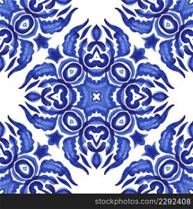 Blue and white azulejo. Gorgeous seamless blue floral watercolor pattern. Medallion damask tile watercolor ceramics. Medallion damask tile watercolor hand drawn floral pattern. Blue and white azulejo