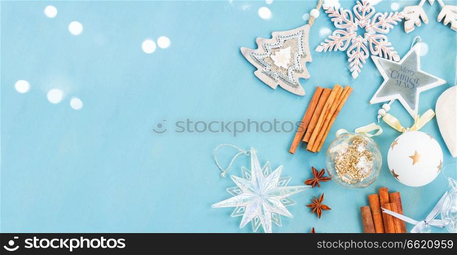 Blue and white christmas - styled christmas composition flat lay style with copy space, top view banner with copy space. Blue and white christmas