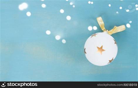Blue and white christmas with ball on blue wooden background banner with copy space. Blue and white christmas
