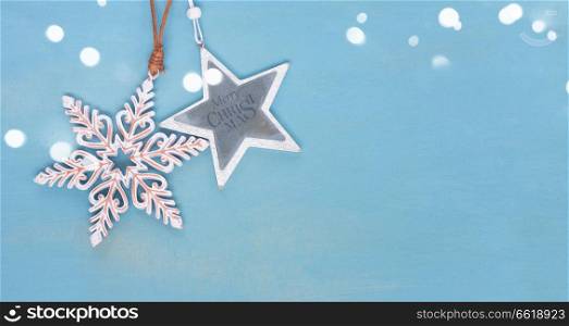 Blue and white christmas with stars on blue wooden background banner. Blue and white christmas