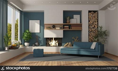 Blue and white living room with fireplace and modern sofa - 3d rendering. Blue and white living room with fireplace
