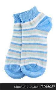 Blue and white striped socks isolated on white background. Blue and white striped socks