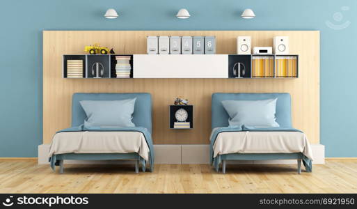 Blue and wooden teenage bedroom. Teenage bedroom with two single bed, and shelf wooden panel wall -3d rendering