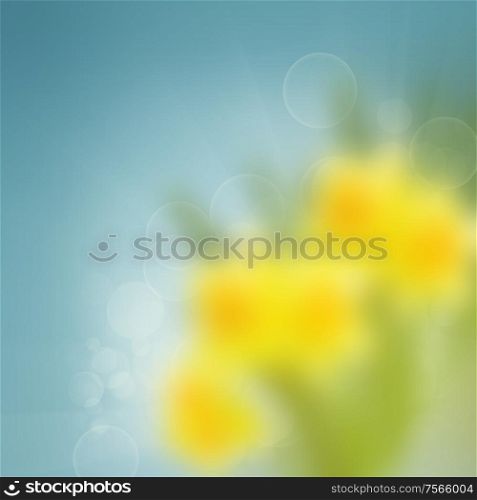 blue and yellow garden blur bokeh background with sun beams. blue and yellow blur bokeh background