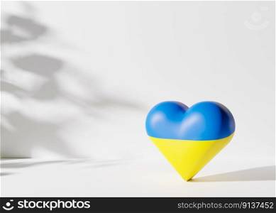 Blue and yellow heart shape, colors of Ukrainian flag. Russian Ukrainian conflict. Save Ukraine. Stop war, military attack and occupation. Love symbol, support. Free, copy space for text. 3D rendering. Blue and yellow heart shape, colors of Ukrainian flag. Russian Ukrainian conflict. Save Ukraine. Stop war, military attack and occupation. Love symbol. Support. Free, copy space for text. 3D rendering
