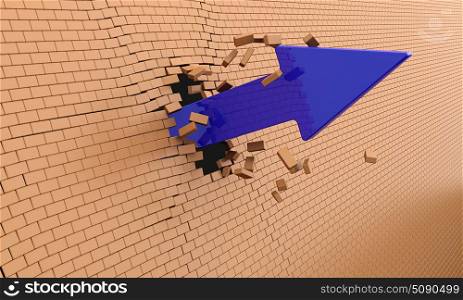 Blue arrow breaking through the brick wall