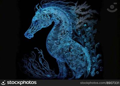 Blue artistic seahorse on a black background. illuminated image of a marine animal. Generative AI