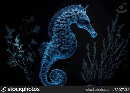 Blue artistic seahorse on a black background. illuminated image of a marine animal. Generative AI