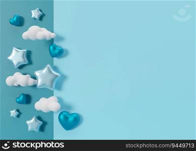 Blue background with hearts, clouds, stars and copy space. It&rsquo;s a boy backdrop with empty space for text. Baby shower or birthday invitation, party. Baby boy birth announcement. 3D render. Blue background with hearts, clouds, stars and copy space. It&rsquo;s a boy backdrop with empty space for text. Baby shower or birthday invitation, party. Baby boy birth announcement. 3D render.