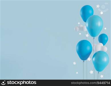 Blue background with helium balloons, stars and copy space. It&rsquo;s a boy backdrop with empty space for text. Baby shower or birthday invitation, party. Baby boy birth announcement. 3D render. Blue background with helium balloons, stars and copy space. It&rsquo;s a boy backdrop with empty space for text. Baby shower or birthday invitation, party. Baby boy birth announcement. 3D render.
