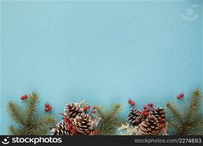 blue background with pine leaves cones