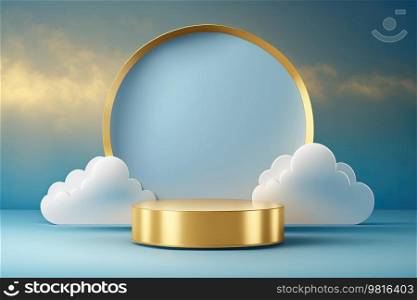 Blue background with podium and clouds. Illustration Generative AI