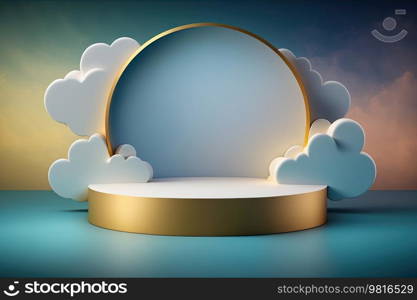 Blue background with podium and clouds. Illustration Generative AI