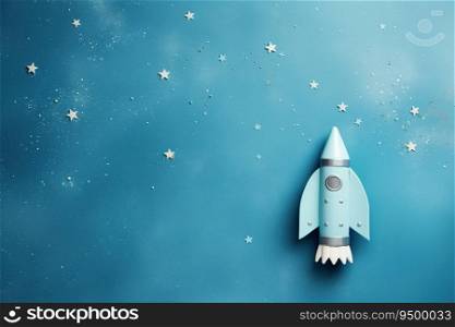 Blue background with space rocket and copy space. It&rsquo;s a boy backdrop with empty space for text. Baby shower or birthday invitation, party. Baby boy birth announcement. Men&rsquo;s Day. Generative AI. Blue background with space rocket and copy space. It&rsquo;s a boy backdrop with empty space for text. Baby shower or birthday invitation, party. Baby boy birth announcement. Men&rsquo;s Day. Generative AI.