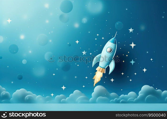 Blue background with space rocket and copy space. It’s a boy backdrop with empty space for text. Baby shower or birthday invitation, party. Baby boy birth announcement. Men’s Day. Generative AI. Blue background with space rocket and copy space. It’s a boy backdrop with empty space for text. Baby shower or birthday invitation, party. Baby boy birth announcement. Men’s Day. Generative AI.
