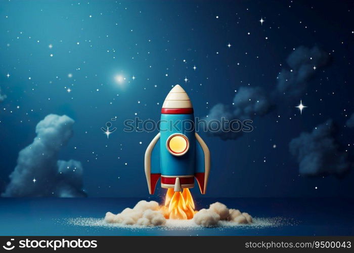 Blue background with space rocket and copy space. It&rsquo;s a boy backdrop with empty space for text. Baby shower or birthday invitation, party. Baby boy birth announcement. Men&rsquo;s Day. Generative AI. Blue background with space rocket and copy space. It&rsquo;s a boy backdrop with empty space for text. Baby shower or birthday invitation, party. Baby boy birth announcement. Men&rsquo;s Day. Generative AI.