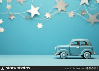 Blue background with toy car and copy space. It’s a boy backdrop with empty space for text. Baby shower or birthday invitation, party. Baby boy birth announcement. Men’s Day. Generative AI. Blue background with toy car and copy space. It’s a boy backdrop with empty space for text. Baby shower or birthday invitation, party. Baby boy birth announcement. Men’s Day. Generative AI.