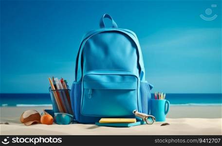 Blue backpack with school supplies on sandy beach. Back to school concept