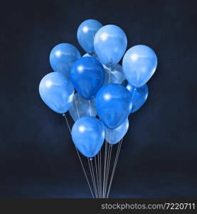 Blue balloons bunch on a black wall background. 3D illustration render. Blue balloons bunch on a black wall background