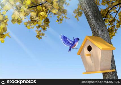 blue bird nesting in wooden birdhouse under yellow-leaf tree. 3D Rendering
