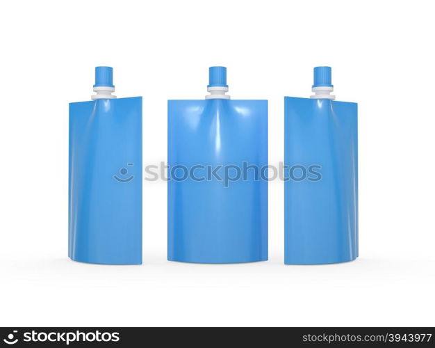 Blue blank juice bag packaging with spout lid, clipping path included. Plastic pack mock up for liquid product like fruit juice, milk or jelly, Ready for design and artwork