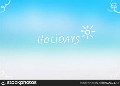 Blue blur beach background with text and drawings, copy space, summer holidays concept