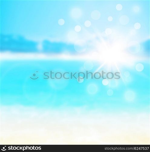 Blue blur natural abstract background, sandy beach backdrop with turquoise water, bright white sun light with bokeh, travel and summer holidays concept