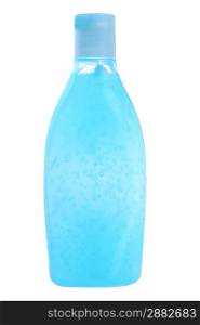 blue bottle of shampoo isolated on white