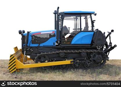 Blue building bulldozer tractor on grass isolated on white background.