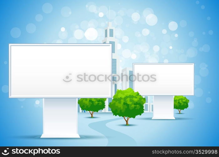 Blue Business Background with City and Blank Billboard Signs