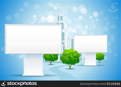 Blue Business Background with City and Blank Billboard Signs