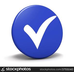 Blue button with check mark symbol and icon for approved, correct, check list concept and web graphic on white background.