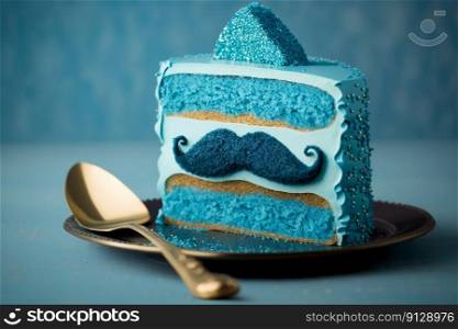 Blue cake with a mustache. International Men’s Day, Father’s Day celebration. Generative AI. Blue cake with a mustache. International Men’s Day, Father’s Day celebration. Generative AI.