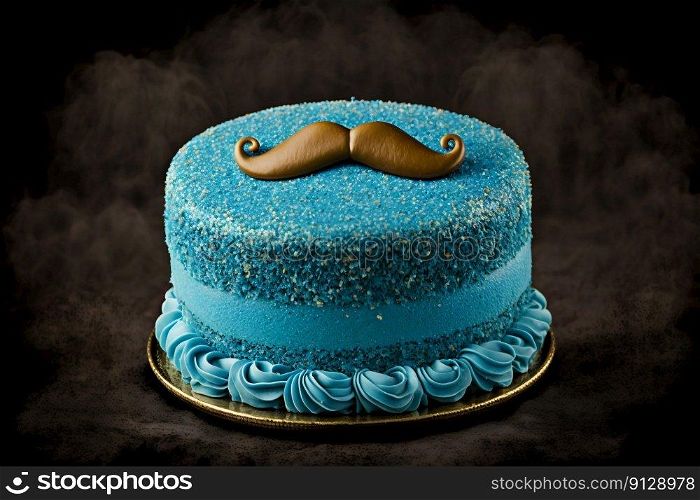 Blue cake with a mustache. International Men’s Day, Father’s Day celebration. Generative AI. Blue cake with a mustache. International Men’s Day, Father’s Day celebration. Generative AI.