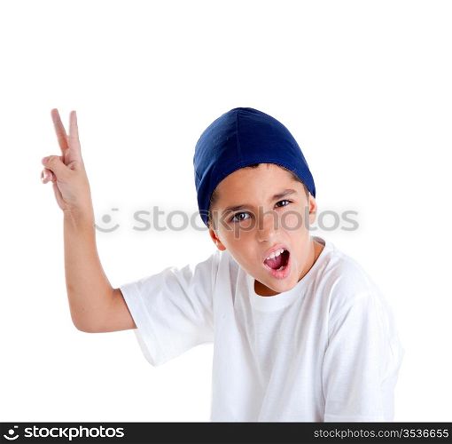 blue cap kid boy with victory hand gesture portrait isolated on white