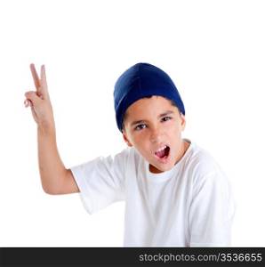 blue cap kid boy with victory hand gesture portrait isolated on white