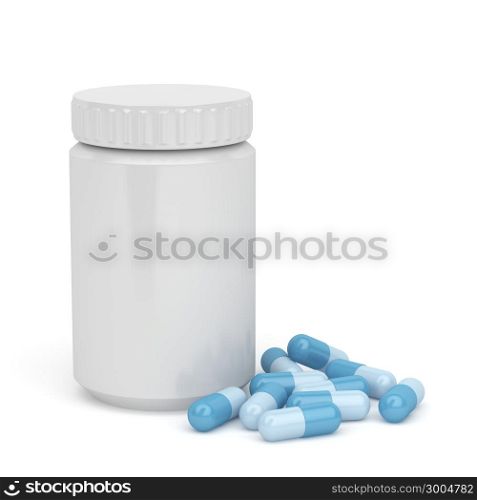 Blue capsules and plastic bottle on white background