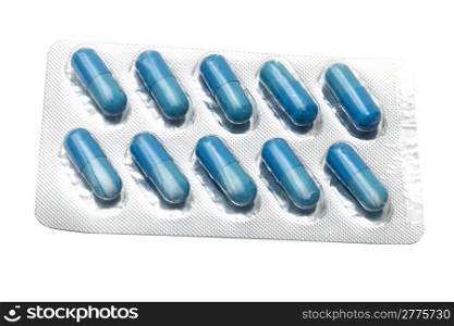 Blue capsules isolated on white background