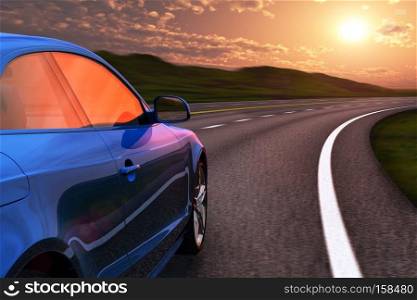 Blue car driving by autobahn in sunset with motion blur effect
