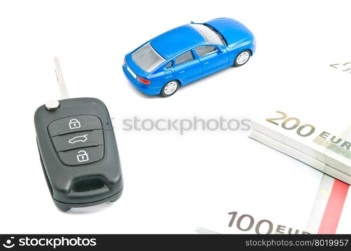 blue car, euro notes and black car keys on white