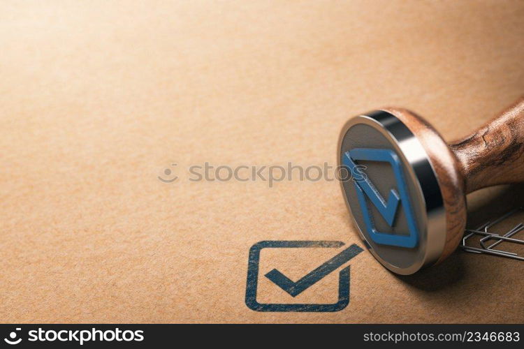 Blue check mark and rubber st&over brown paper background. 3d illustration.. Check mark and rubber st&over paper background with copy space on le left.